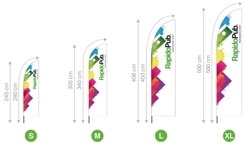 Les différentes tailles de Beach flag "Aile" : S, M, L et XL