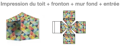 Tente classique avec impression du toit, du fronton, du mur du fond et des côtés